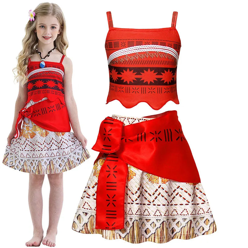 New Dress Girls Princess Clothes Kids Dress Up Vaiana Necklace Pig Chick Children Carnival Party Summer Costume Set 2-10T