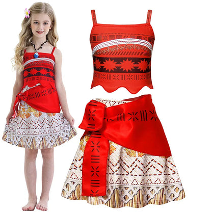 New Dress Girls Princess Clothes Kids Dress Up Vaiana Necklace Pig Chick Children Carnival Party Summer Costume Set 2-10T