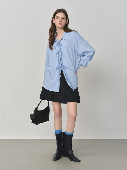 Autumn 2025 Women's French Inspired Blouse - Ruffle Trim Tie Front Loose Fit Shirt Collar Top Soft Blend Daily Wear