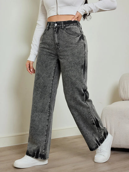 2025 autumn new women's jeans, tie-dye contrast washing, elastic waist, high waist straight jeans