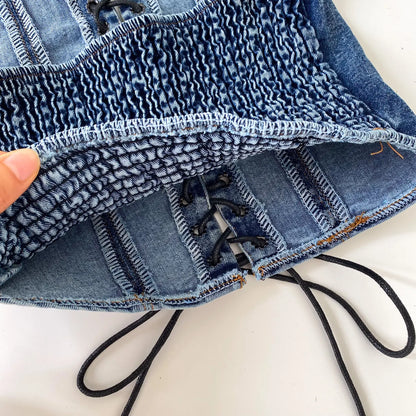 Night Club Denim Camis Female Summer Backless V Neck Lace Up Shirred Retro Halter Top Y2K Hot Girl Streetwear Tank Top