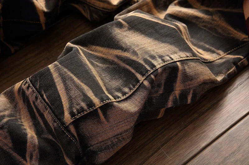 2026 Men's Fashion Vintage Jeans Slim Straight Leg Tie Dye Pleated Biker Denim Pants Male Casual Pants Oversized 42 High Quality