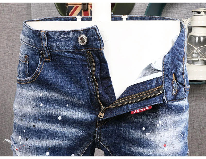 Fashion Streetwear Men Jeans Retro Black Blue Elastic Slim Fit Ripped Jeans Men Spliced Designer Embroidery Hip Hop Denim Pants