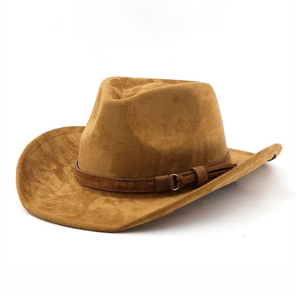 Ethnic Style Western Cowboy Hat Imitation Leather Velvet Jazz Hat Autumn And Winter Roll up Edge Fedora Hat
