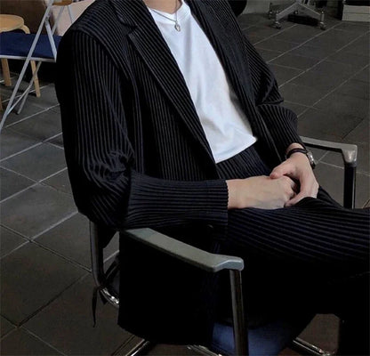 Miyake Pleated Men New Office Black Blazer Luxury High Fashion Suits Partially Lined Autumn Winter Coat