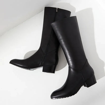 Italian Classic Men's Knee High Boots 5 Cm Heels Luxury Genuine Leather Comfortable Winter Warm Black Business Shoes Boots Man