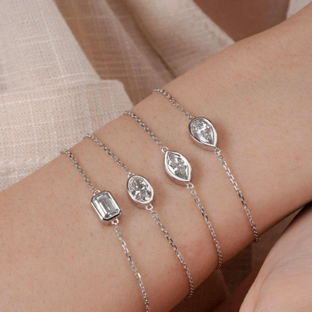 Bezel Setting 1/2CT Pear Marquise Emerald Cut Moissanite Solitaire Link Bracelet Women 925 Silver Diamond Party Wrist Chain