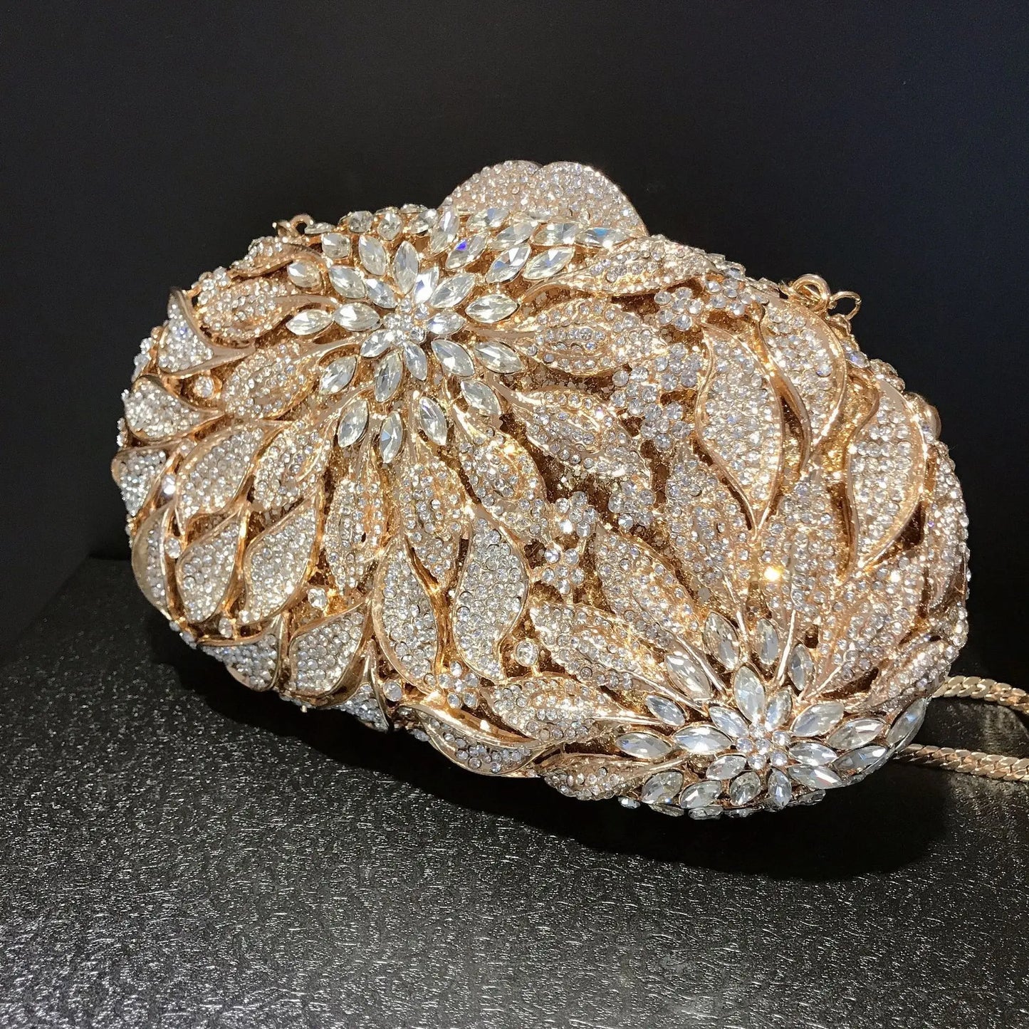 Gold Metal Leaves White Crystals Evening Clutch Bags Luxury Women Wedding Party Purse Ball Handbags Rhinestone Mini Shell Bag