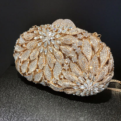 Gold Metal Leaves White Crystals Evening Clutch Bags Luxury Women Wedding Party Purse Ball Handbags Rhinestone Mini Shell Bag