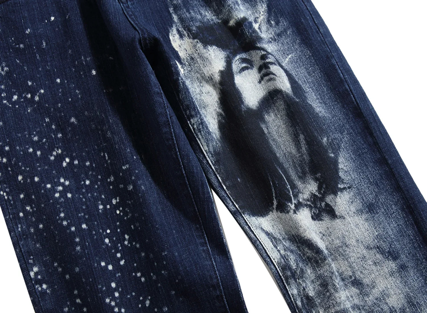 2026 Men's Blue 3D Printing Jeans, Black Wolf Pattern Printed Punk Straight Cotton Casual Print Denim Pants Asian Size 28-42