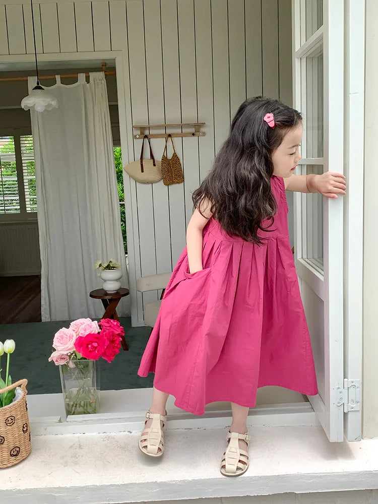 2026 New Summer Children Girls Sleeveless Dress Teen Solid Color Cotton Loose Casual Sundress Kids Vacation Style Princess Dress