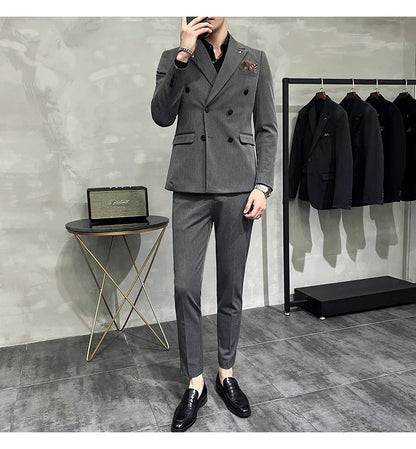 ( Blazers + Pants ) Boutique Fashion Solid Color Double-breasted Men's Casual Business Slim Suit 2-piece Set Groom Wedding Dress