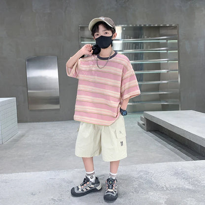 Children Summer Pink Blue Striped Suit Top and Bottom Clothes Set For Teen Boy New Fashion Tracksuit Outfit Kids Casual Clothing
