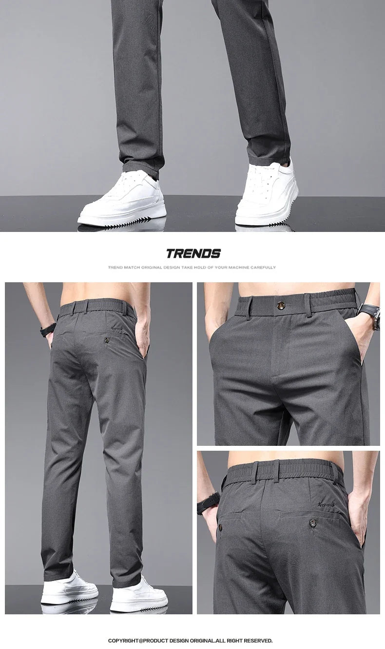 Spring Summer Thin Men's Slim Casual Pants Solid Color Elastic Waist Soft Breathable Business Straight Trousers Black Beige Gray