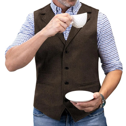 Men Vest Brown Herringbone Single Button With Lapel Waistcoat For Wedding Party Banquet Prom Business Work Casual Daily Men Vest