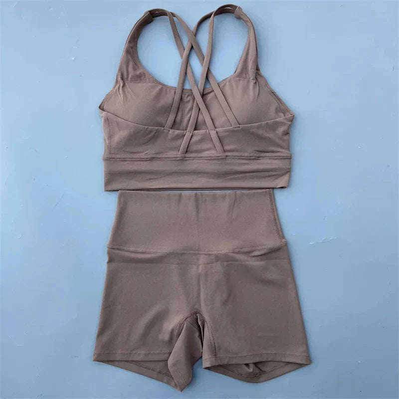Solid Color gym bike Yoga Set short Legging +cross sport bra Tracksuit  Athletic Women Gym Suit Comprehensive Training Jogging