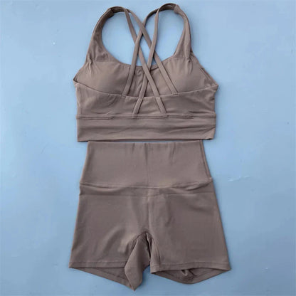 Solid Color gym bike Yoga Set short Legging +cross sport bra Tracksuit  Athletic Women Gym Suit Comprehensive Training Jogging