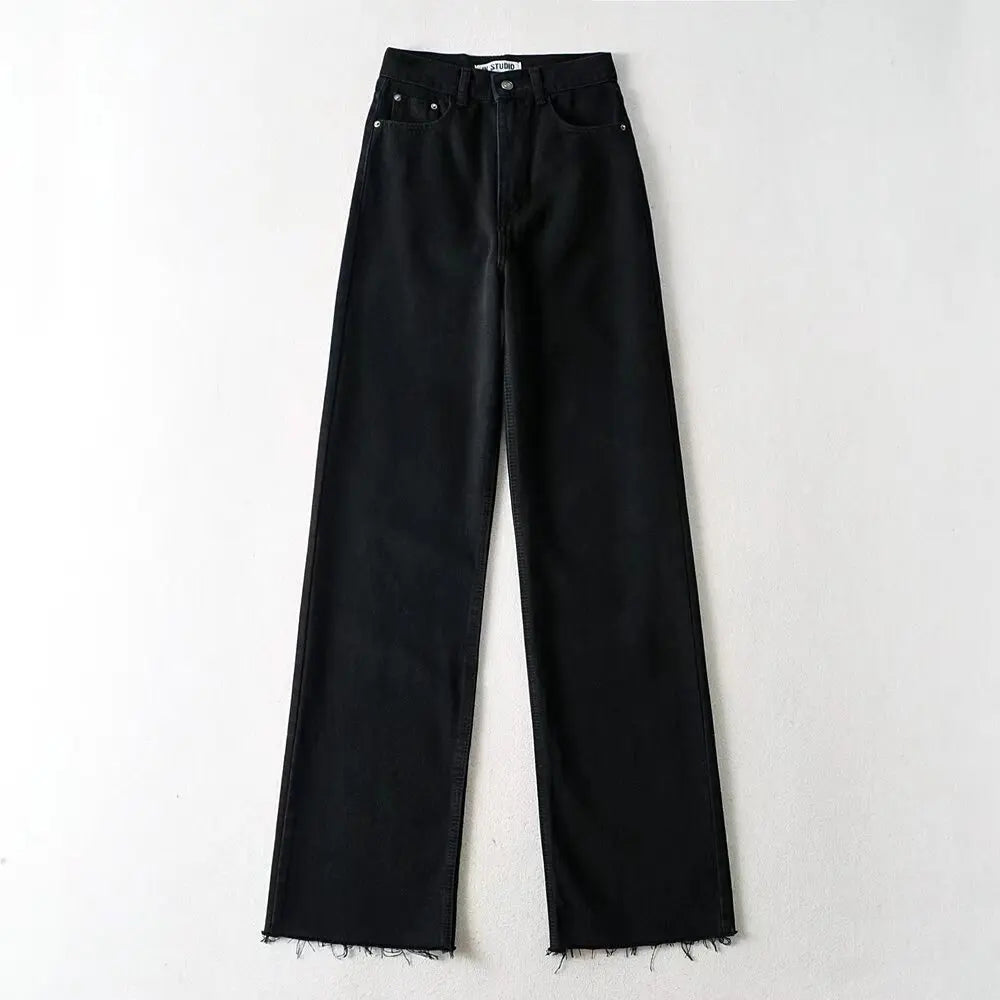 Women's High Waist Jeans 2025 Spring Fall Relaxed Straight Leg Raw Hem Floor-Length Vintage Inspired Daily Uniform