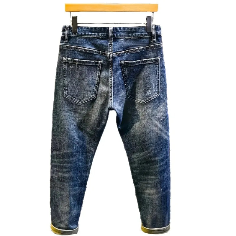 Retro Spliced jeans Men's Trendy Brand Ripped Bear Patch Loose Classic Man Pants Rhinestones Denims Tears Streetwear for Man