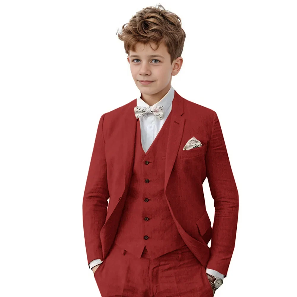 Breathable Linen Boys Suit Set 3 Pieces For Wedding Party,Notched Lapel Kids Suits Piano Performance Outfit Toddler 3-16Y