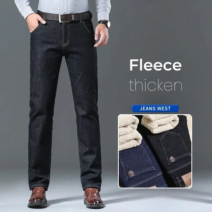 Winter Men's Fleece Thick Sherpa Jeans Business Casual Velvet Straight Denim Pants Male Wool Plush Classic Stretch Trousers