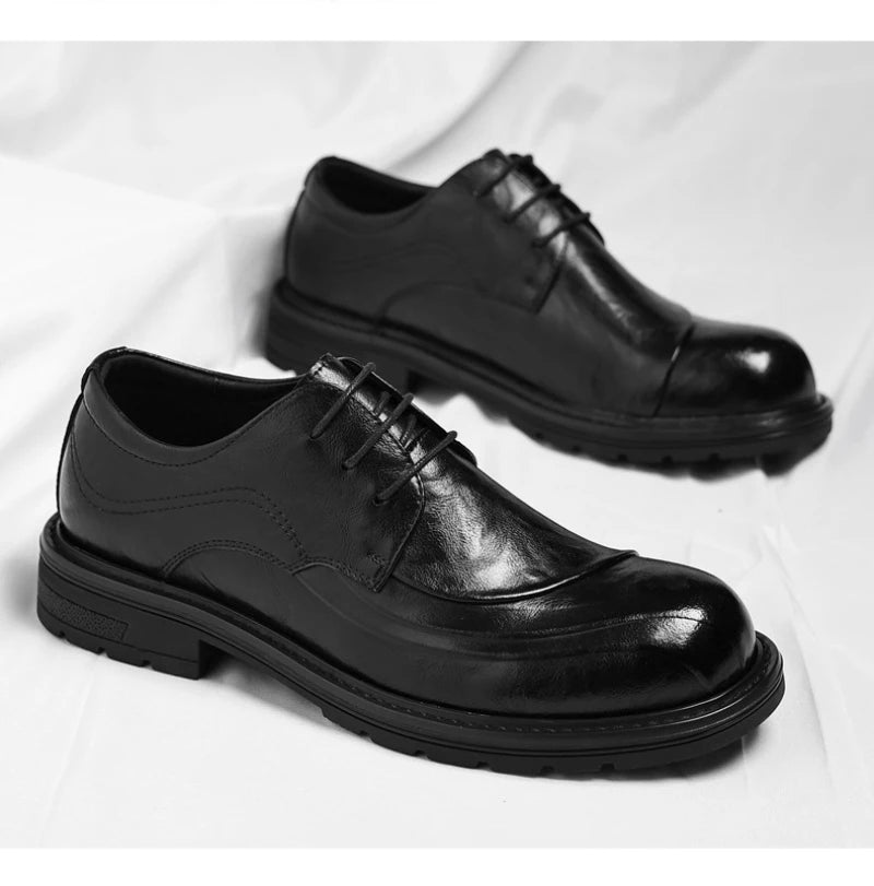 Brown Burnished Genuine Leather Lace Up Chunky Sole Formal Business Office Groom Wedding Daily Wear Shoes Fashion Comfortable