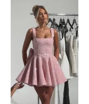 Square Collar Sequin Back To School Dress Spaghetti Strap Cocktail Gown Bow, Backless Elegant Princess Birthday Party Dance Gown