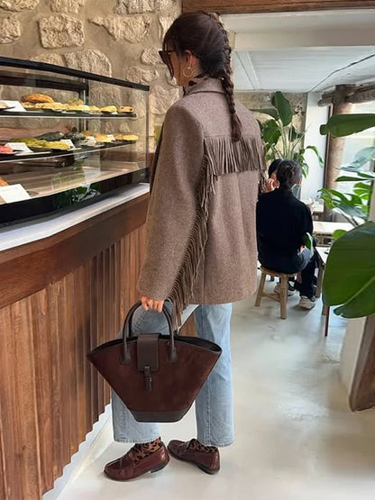 Tassels Woolen Suit Jacket Women Elegant Turn-down Collar Long Sleeve Single Breasted Pocket Autumn Winter Coats New Outerwears