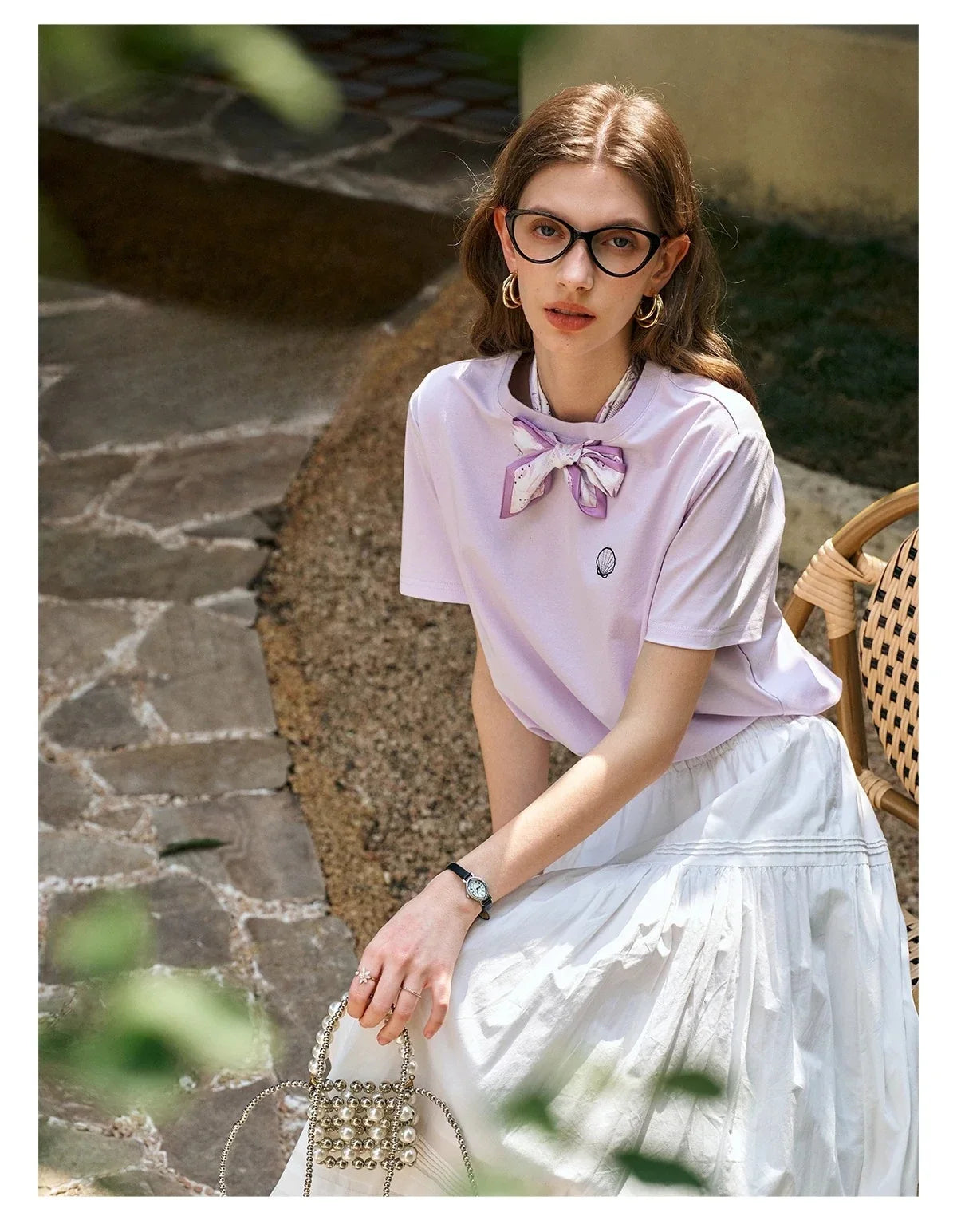 Women T-Shirt 2026 New Summer Neckline Hollow Tops French Style Silk Scarf with Embroidered Short-sleeved Tees O57XT96396