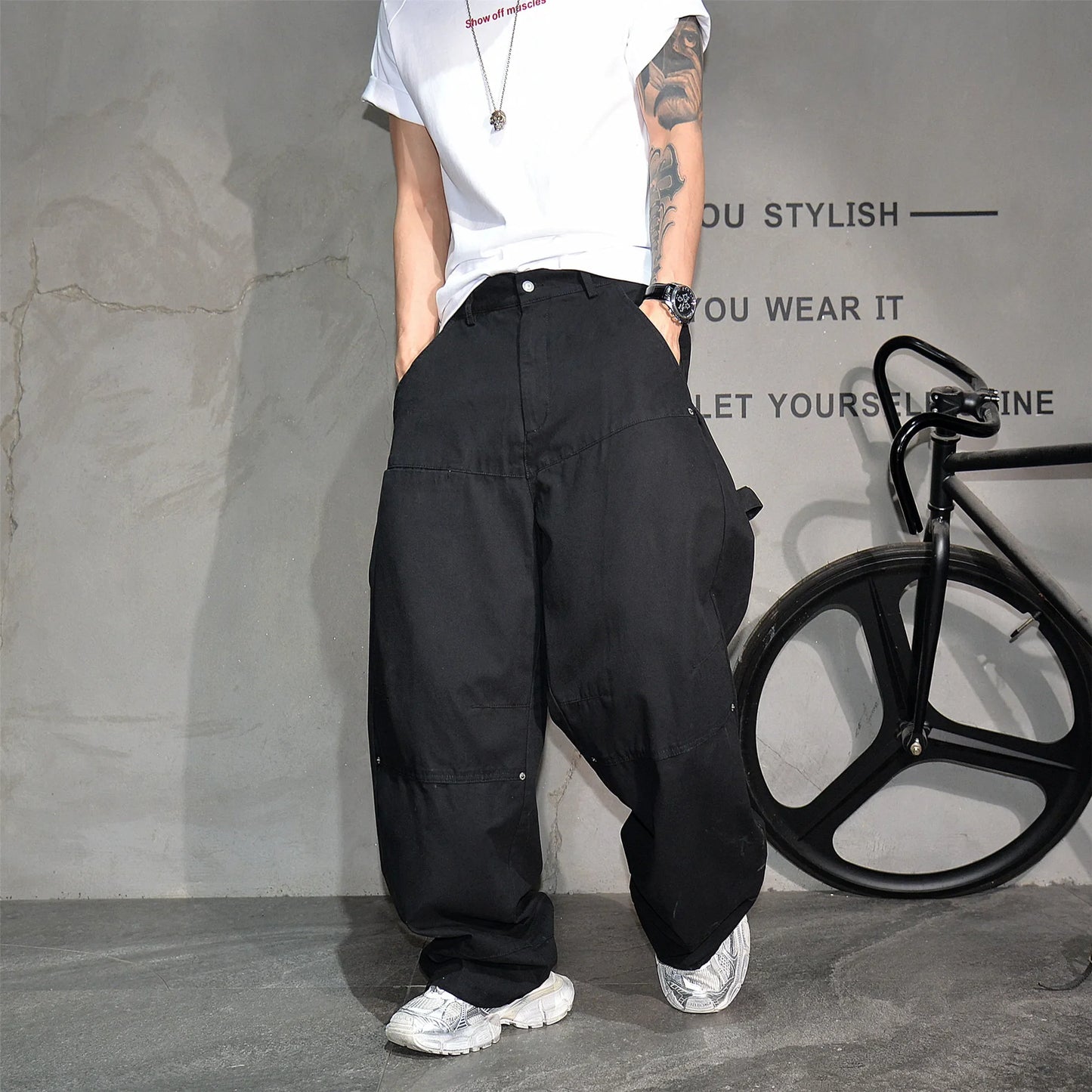 Mens Cargo Pants American Trendy Solid Black Cotton Heavyweight Wide Leg Loose Straight Streetwear Casual High Quality Pants