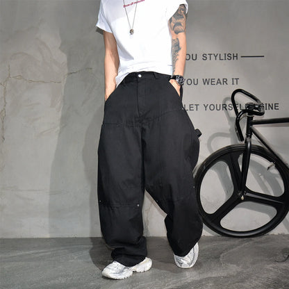 Mens Cargo Pants American Trendy Solid Black Cotton Heavyweight Wide Leg Loose Straight Streetwear Casual High Quality Pants
