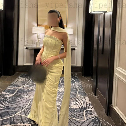 Customized Strapless Evening Dresses Pleat rhinestone Beading Draped Straight ProM Gown Modern Long Chiffon Backless Party Dress