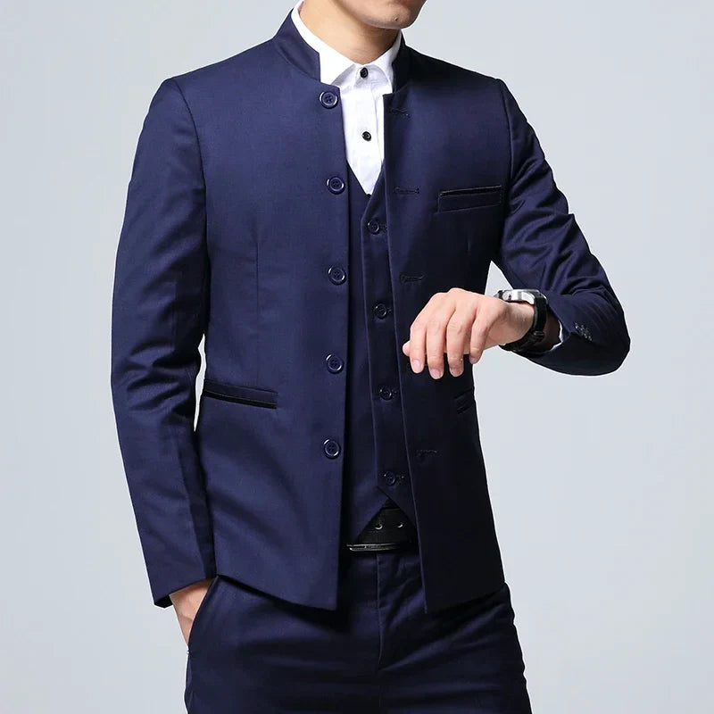 Black Stand Collar Men's 3-Piece, Wedding Party Blazer Jacket and Vest with Pants, Blue Asian Size Slim Fit Sets.