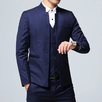 Black Stand Collar Men's 3-Piece, Wedding Party Blazer Jacket and Vest with Pants, Blue Asian Size Slim Fit Sets.