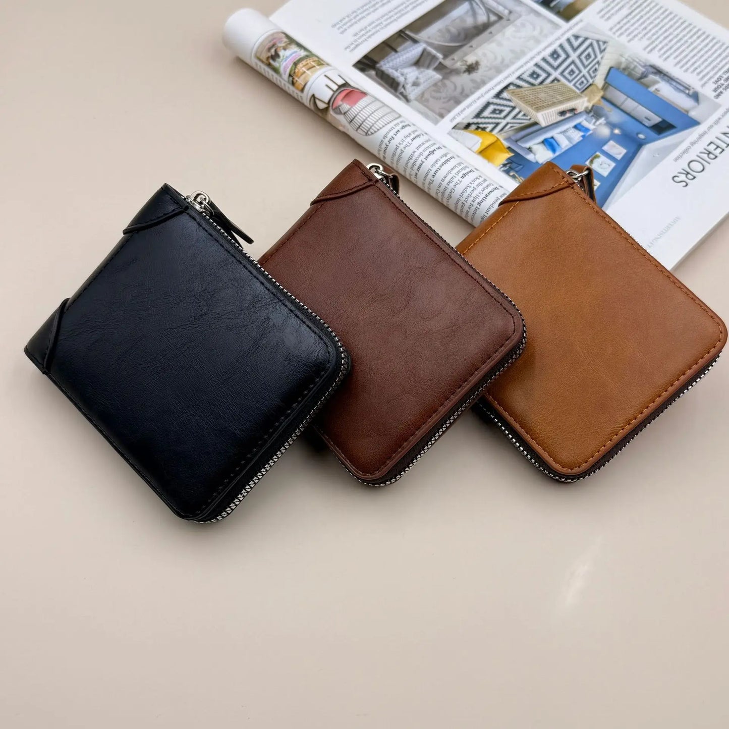 Men’s Leather Zipper Wallet Large Capacity Multi-card Holder Wallets Coin Cash Purse with ID Window