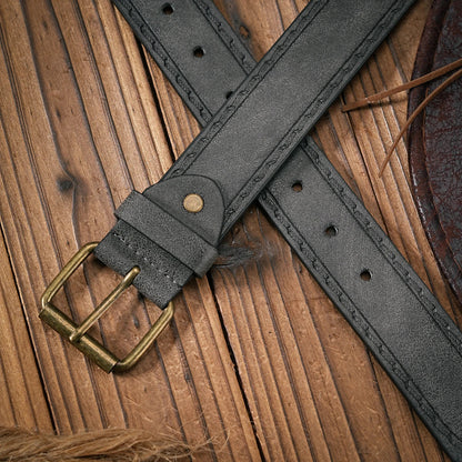 A Men's and Women's Matching Belt with Retro Button Closure, PU Faux Thread Embossed Belt, Casual Style, Versatile.