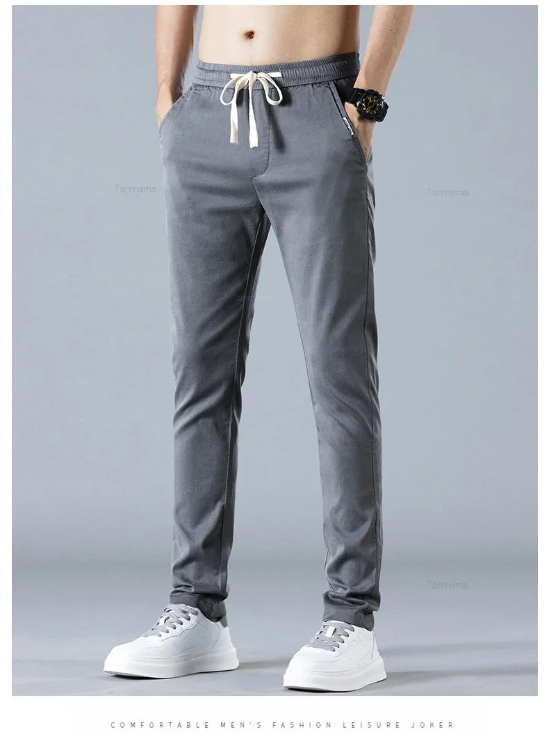 Spring Summer Men's Casual Pants Korean Fashion Cotton Thin Soft Elastic Slim Business Trousers Black Green Khaki