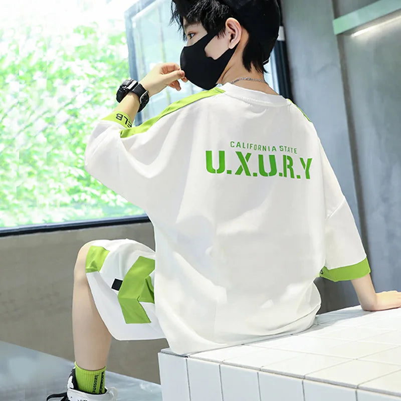 Summer Boys Patchwork Alphabet Half Sleeves T-Shirt Tops+Shorts Pant School Kids Tracksuit Child 2PCS Outfit Workout Set 5-16 Yr