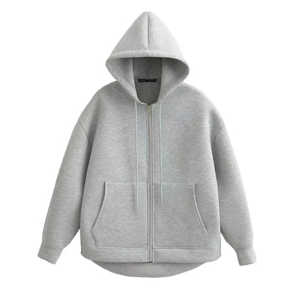 Autumn Women Casual Hooded Jacket Loose Oversize Zipper Hoodie Sweatshirts Solid Coat Office Lady Chic Outwear Tops