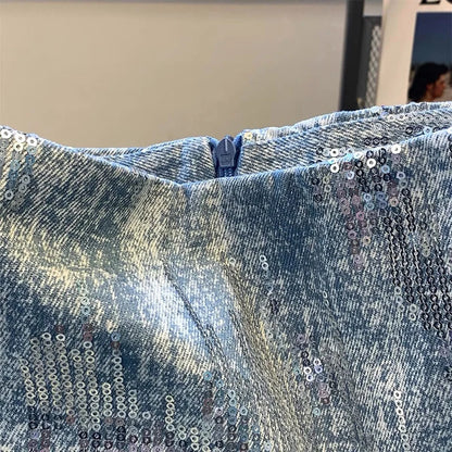 skirts for women Sequin denim bag hip skirt Summer new Korean version of high waist slim retro niche design Joker skirt.