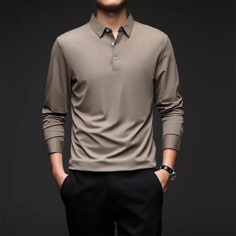 Mulberry Silk Men's Polo Shirts Luxury Long Sleeve Solid Color Golf Male T-shirts Spring Autumn Business Casual Man Tees