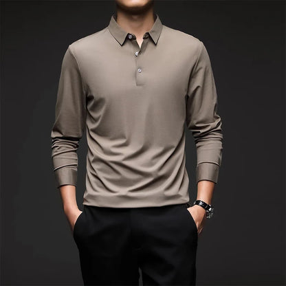Mulberry Silk Men's Polo Shirts Luxury Long Sleeve Solid Color Golf Male T-shirts Spring Autumn Business Casual Man Tees