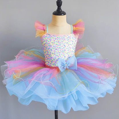 Kids Girls Ballet Dress Rainbow Color Dance Tutu Gymnastics Leotard Ballerina Dancewear Children Modern Performing Costume