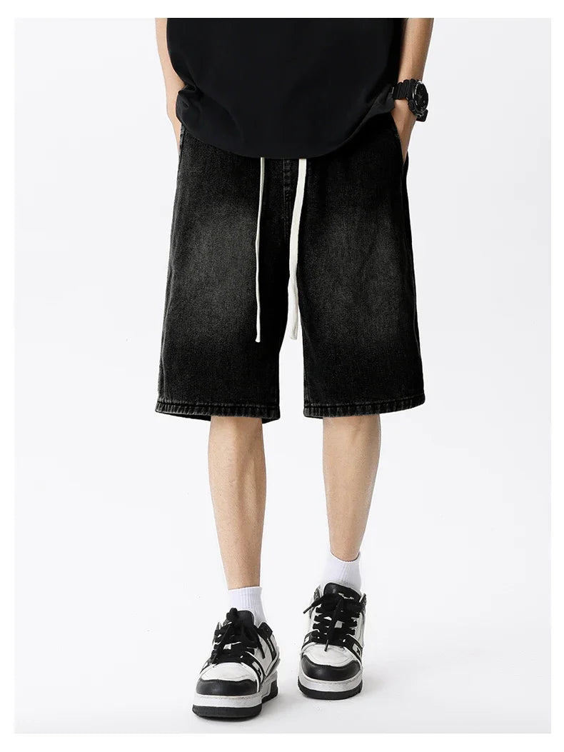 Casual Denim Shorts Men Elastic Waist Straight Comfortable Light Blue Soft Short Pants Baggy Wide Bermuda Male Jeans