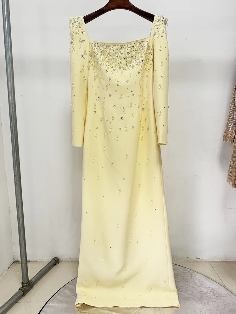 HIGH QUALITY Newest Fashion 2026 Designer Vestido Women's Square Collar Beading Diamonds Long Sleeve Maxi Dress