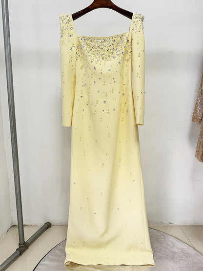 HIGH QUALITY Newest Fashion 2026 Designer Vestido Women's Square Collar Beading Diamonds Long Sleeve Maxi Dress