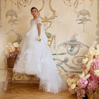 White Lace Tulle Flower Girl's Dresses for Wedding Bow Appliqued Ruffles First Communion Dress Baby Girl's Birthday Party Gowns