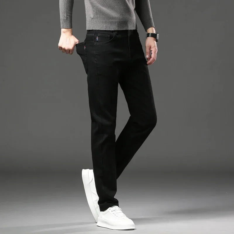Winter Thickened Warm Male Plush Trousers Brand Clothes Men's Fleece Jeans Straight Slim Stretch Fashion Business Denim Pants