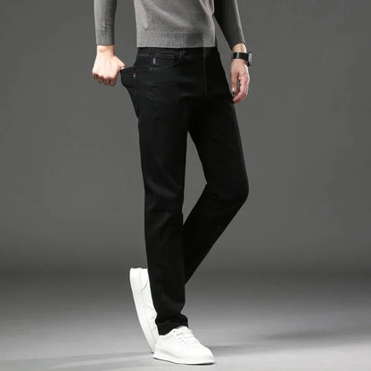 Winter Thickened Warm Male Plush Trousers Brand Clothes Men's Fleece Jeans Straight Slim Stretch Fashion Business Denim Pants