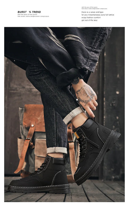 Men Boots  Autumn High Top British Korean Thick Soled Platform Comfortable Non Slip Short Boots Outdoor Lace Up Cotton Boots 202